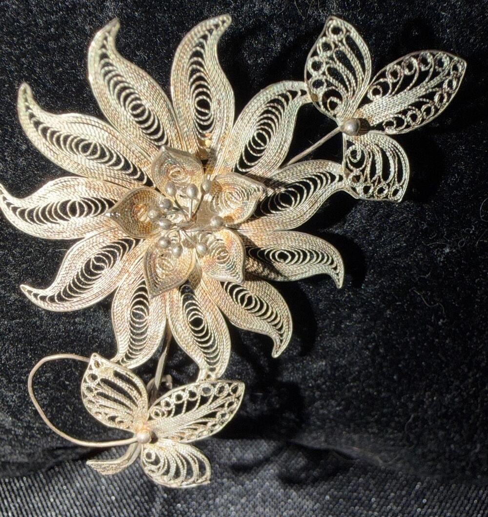 Vibrant Vintage 800 Sterling Silver Filigree Botanical Floral Sprig Brooch Pin